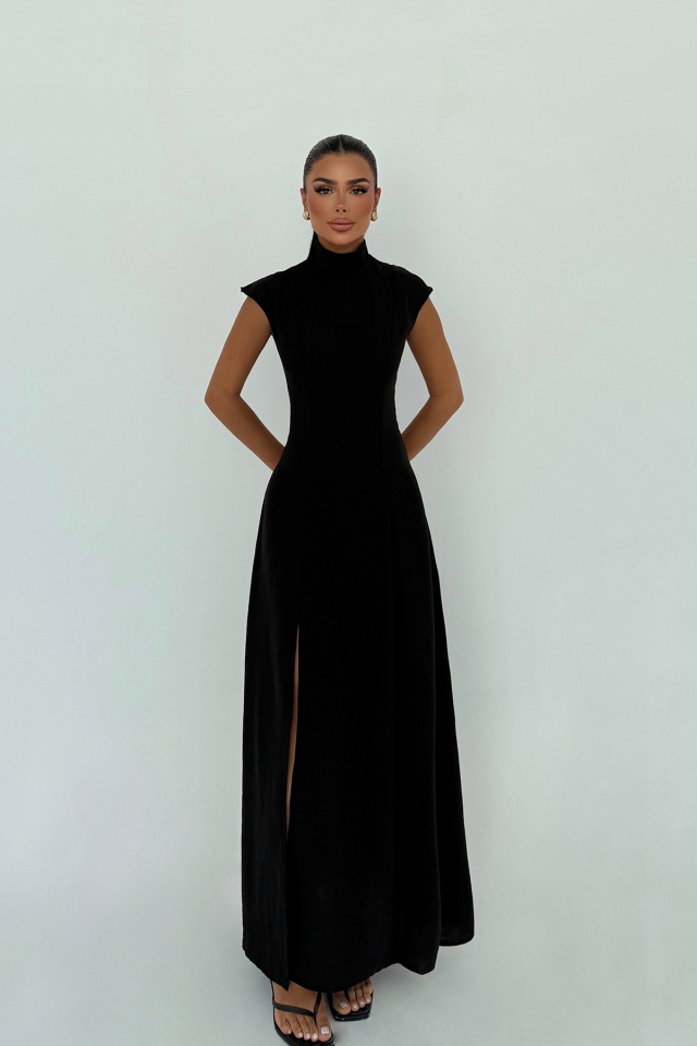 Siyah Rochelle Uzun Yırtmaçlı Elbise ATE-3252 - 1