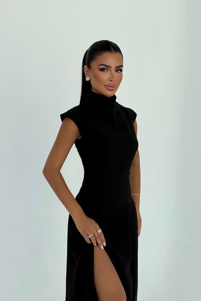 Siyah Rochelle Uzun Yırtmaçlı Elbise ATE-3252 - 2
