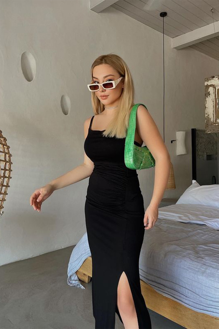 Siyah Yırtmaç Detay Elbise ATE3886 - EYYO