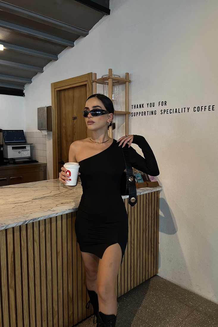 Siyah Yırtmaç Detay Mini Elbise ATE2569 - EYYO