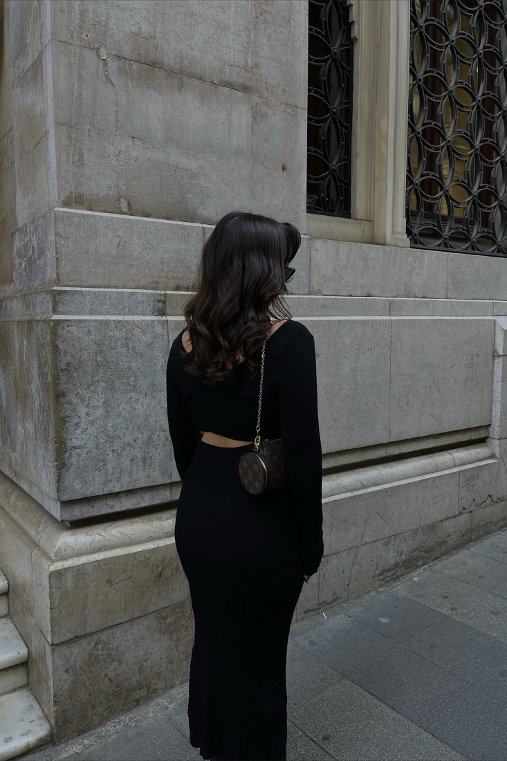 Siyah Yırtmaç Detay Uzun Elbise ATE3387 - EYYO