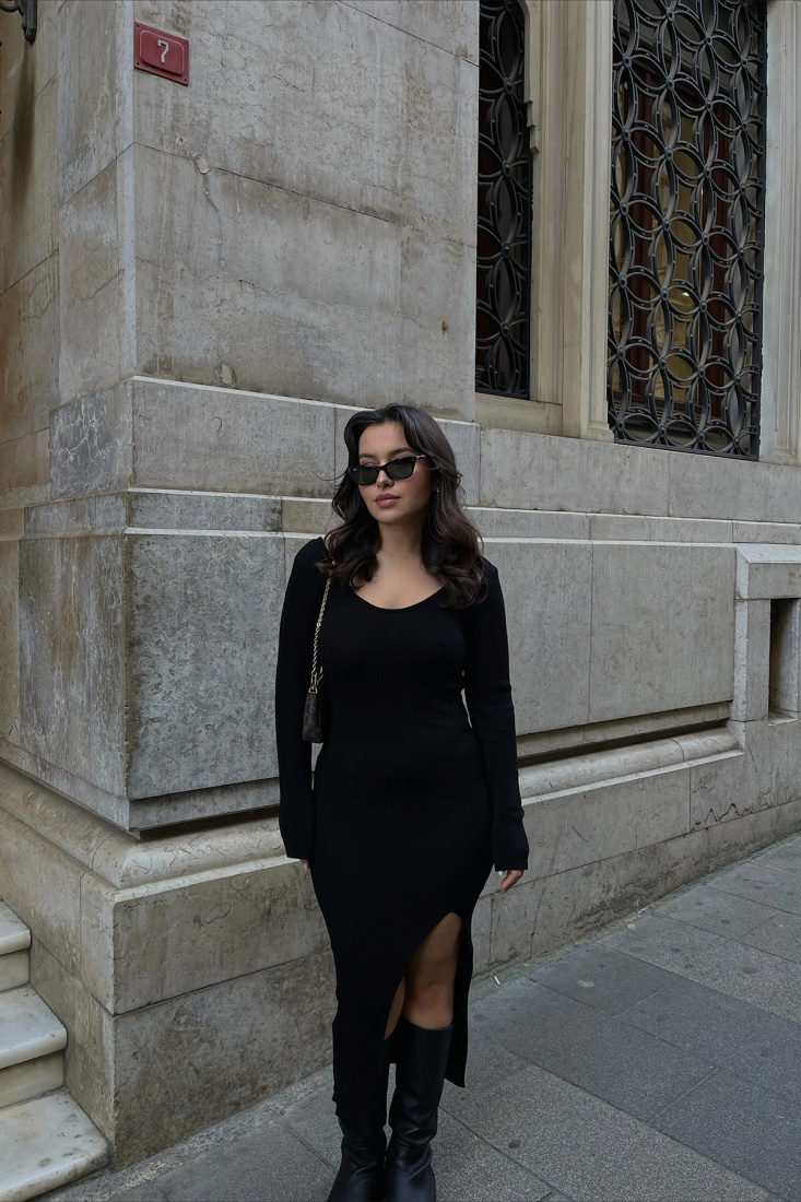 Siyah Yırtmaç Detay Uzun Elbise ATE3387 - EYYO