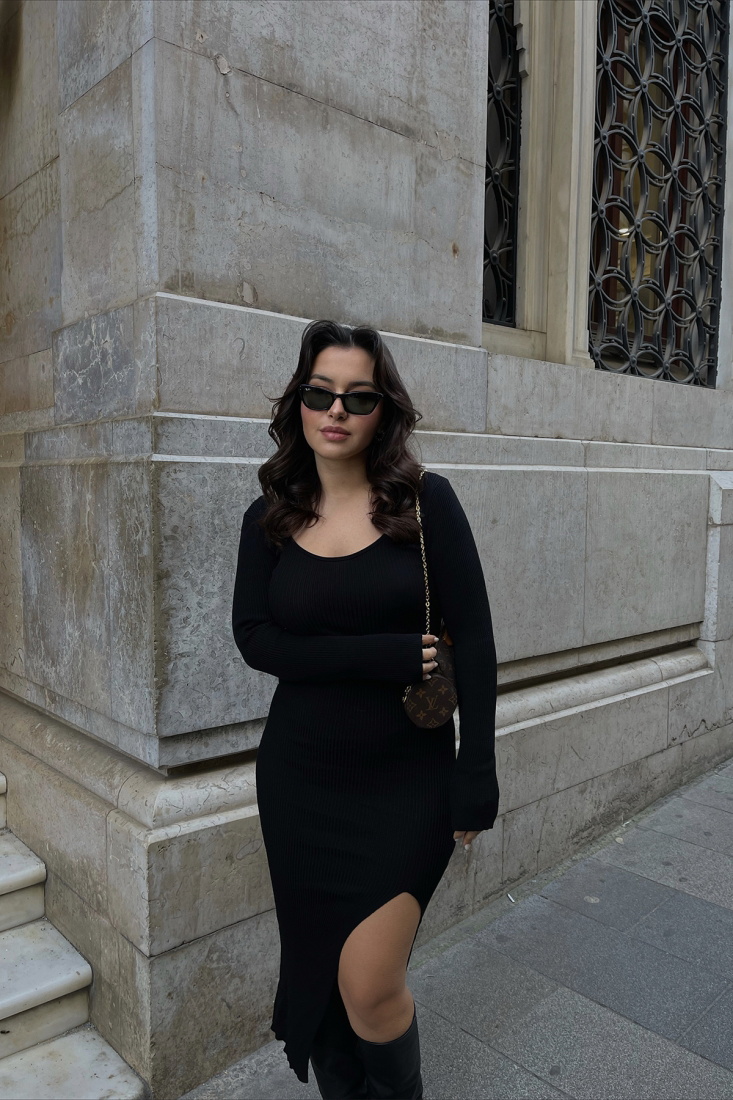 Siyah Yırtmaç Detay Uzun Elbise ATE3387 - EYYO