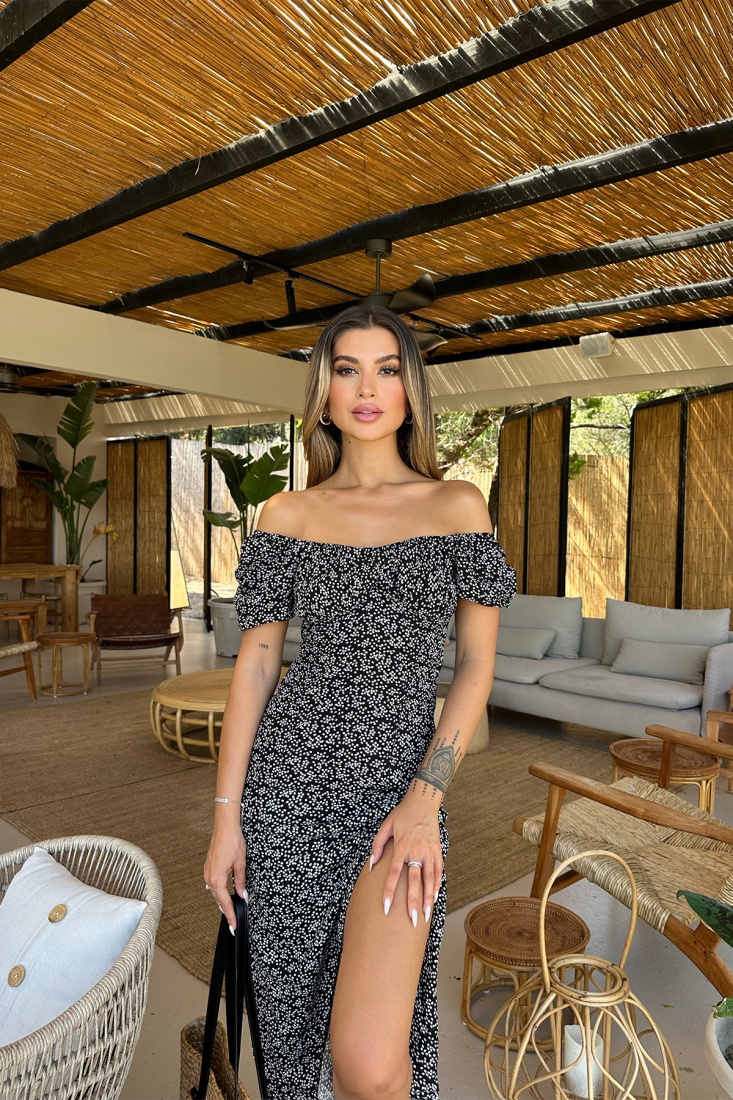 Siyah Yırtmaç Detay Uzun Elbise ATE7510 - EYYO