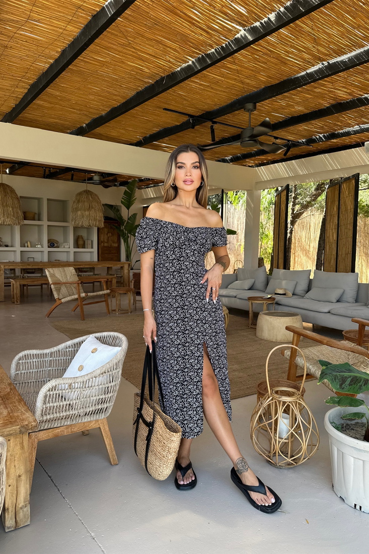 Siyah Yırtmaç Detay Uzun Elbise ATE7510 - EYYO