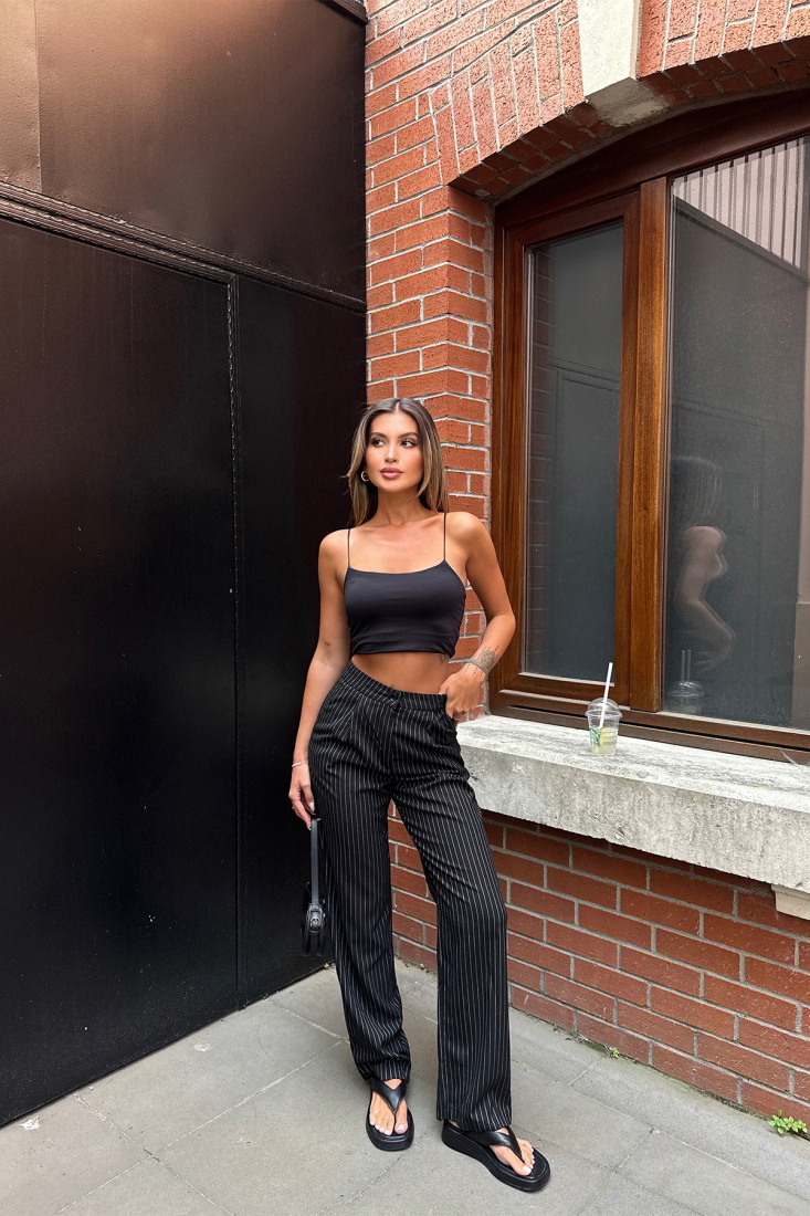 Siyah Yüksek Bel Çizgili Pantolon ATE7051 - EYYO TOPTAN