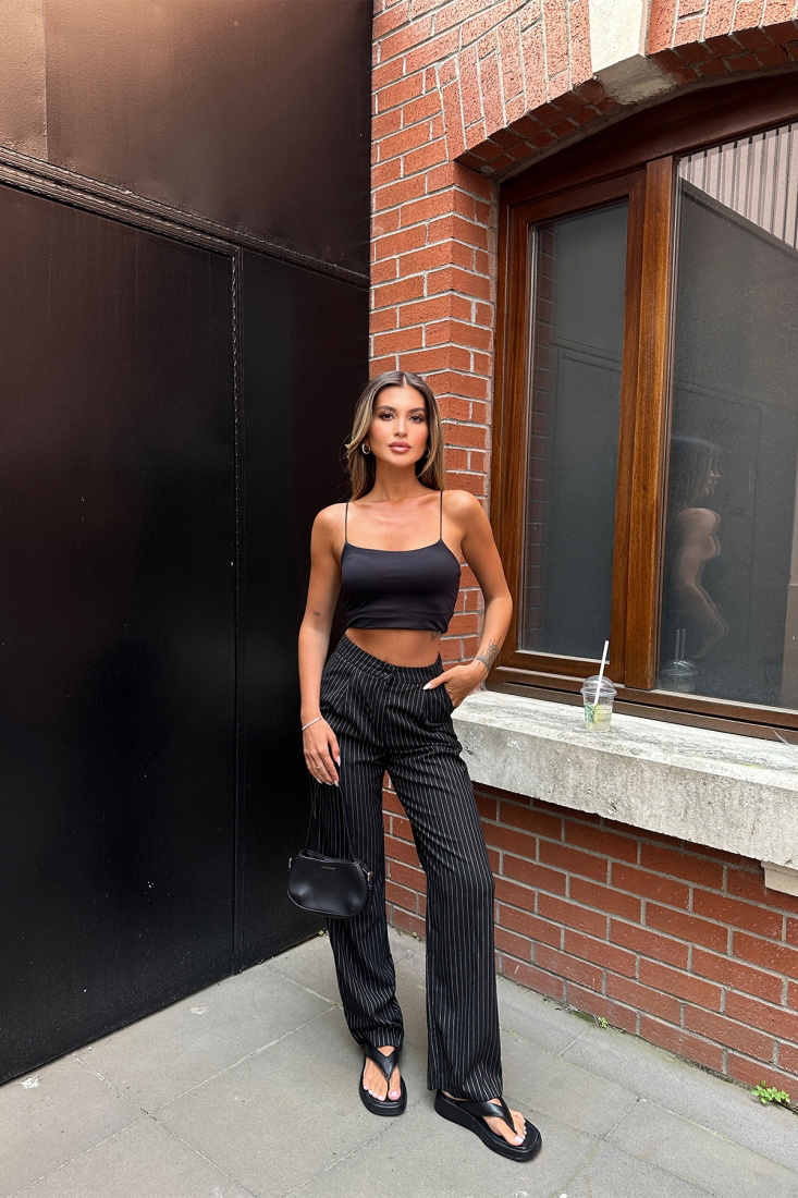 Siyah Yüksek Bel Çizgili Pantolon ATE7051 - EYYO TOPTAN