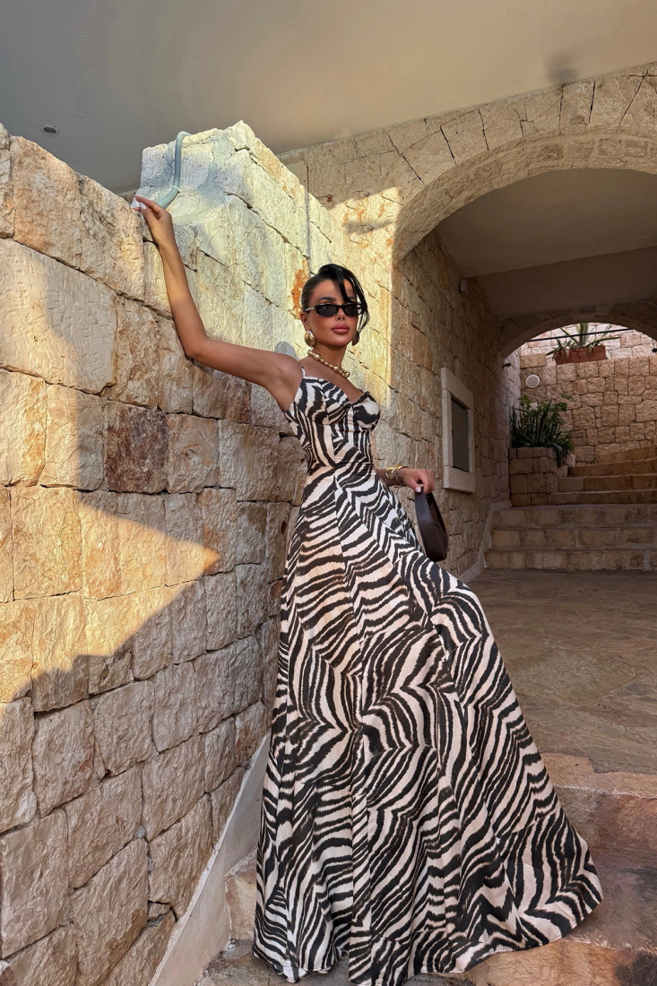 Siyah Zebra Desen Askılı Elbise ATE-3055 - EYYO