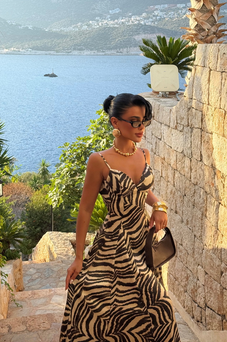 Siyah Zebra Desen Askılı Elbise ATE-3055 - EYYO