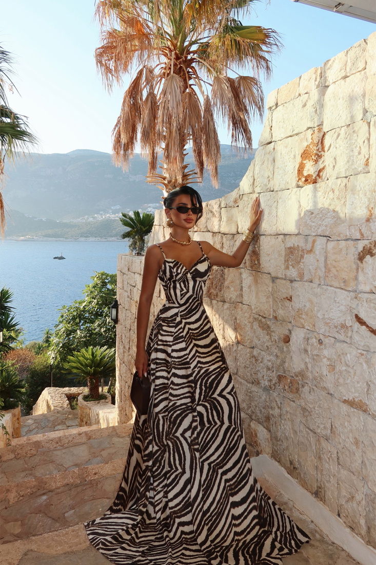 Siyah Zebra Desen Askılı Elbise ATE-3055 - EYYO