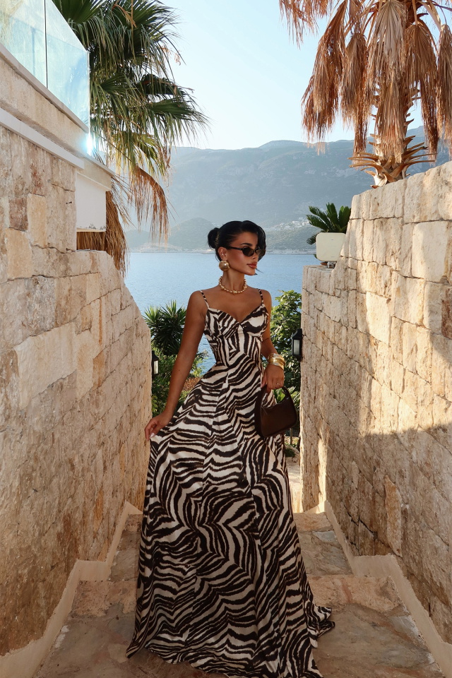 Siyah Zebra Desen Askılı Elbise ATE-3055 - 4