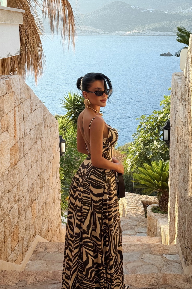 Siyah Zebra Desen Askılı Elbise ATE-3055 - 5
