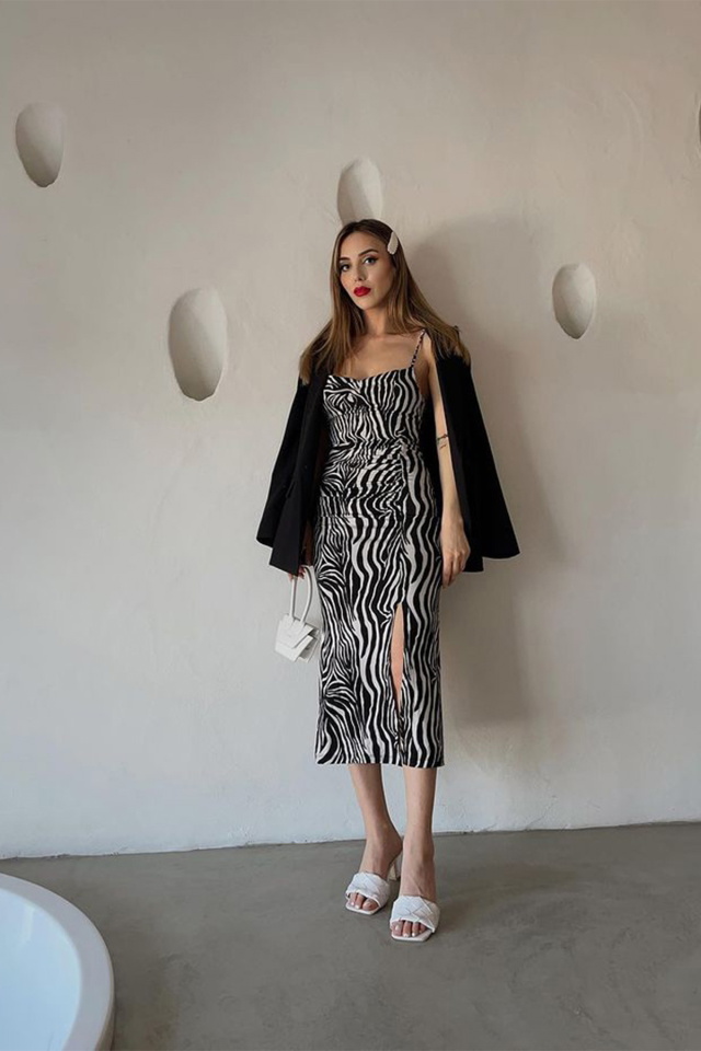 Siyah Zebra Desen Uzun Elbise ATE3885 - 1
