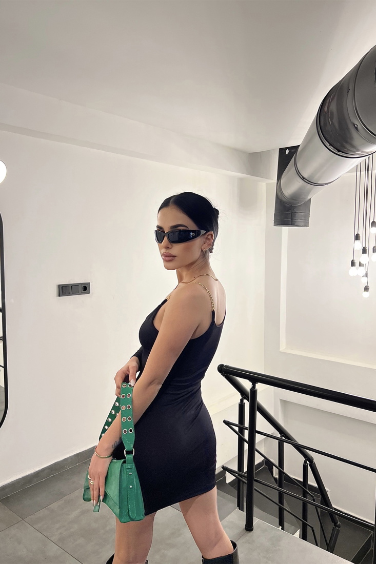 Siyah Zincir Detay Mini Elbise ATE3745 - EYYO