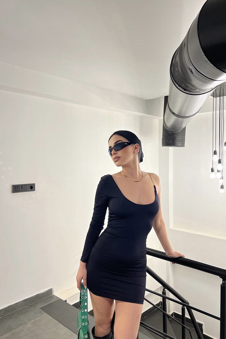 Siyah Zincir Detay Mini Elbise ATE3745 - EYYO