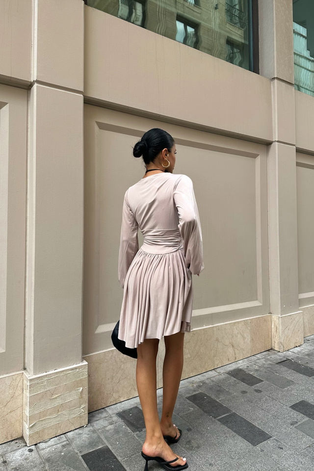 Stone Color Belly Gathered Mini Dress ATE3018 - 6