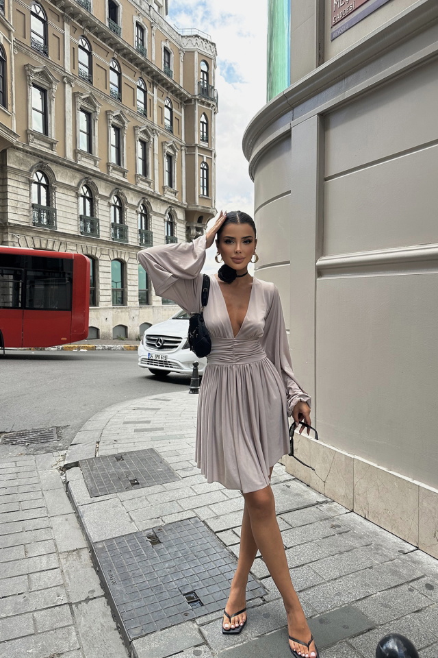 Stone Color Belly Gathered Mini Dress ATE3018 - 4