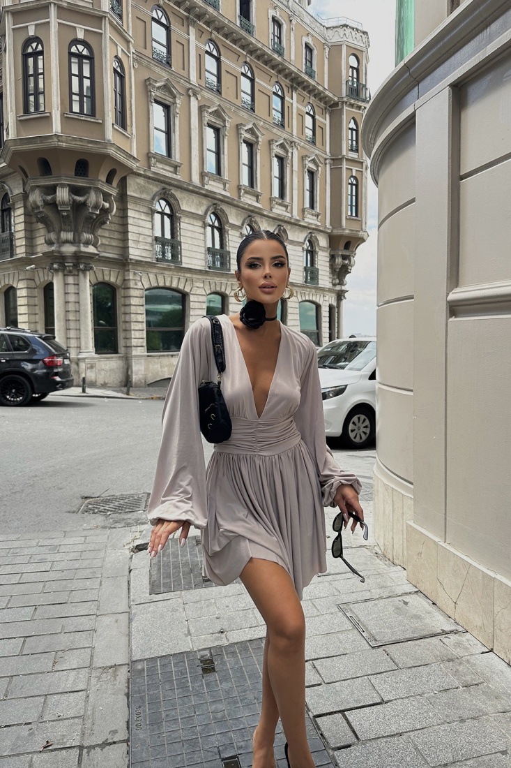 Stone Color Belly Gathered Mini Dress ATE3018 - EYYO