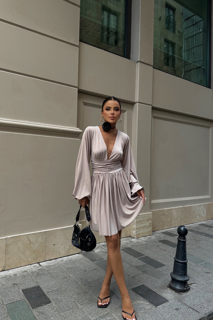 Stone Color Belly Gathered Mini Dress ATE3018 - EYYO