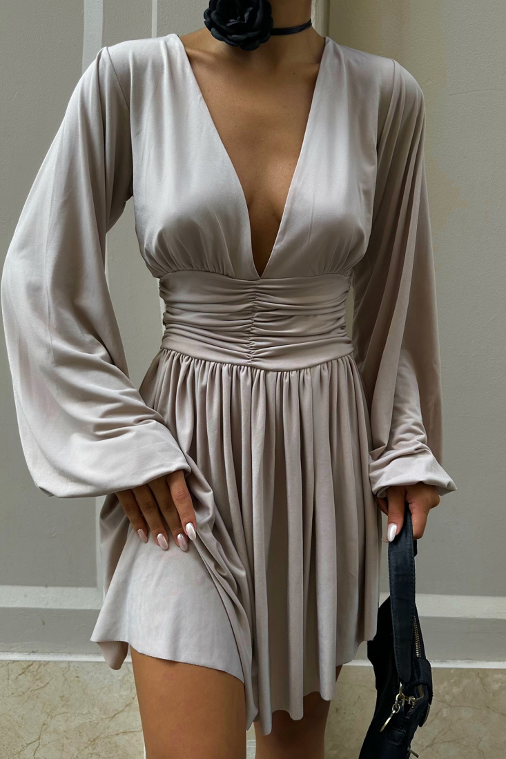 Stone Color Belly Gathered Mini Dress ATE3018 - EYYO