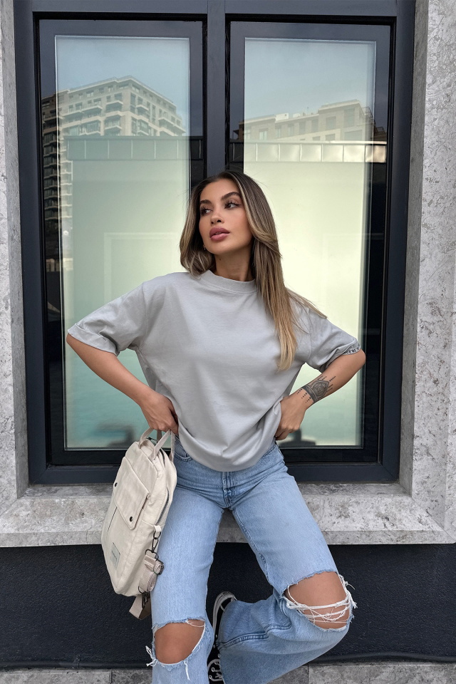 Stone Color Letter Sleeve Tshirt ATE6101 - 4