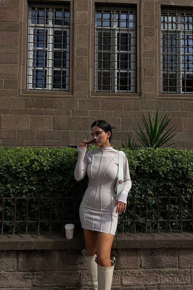 Stone Color Stitch Detail Mini Dress ATE2079 - 2