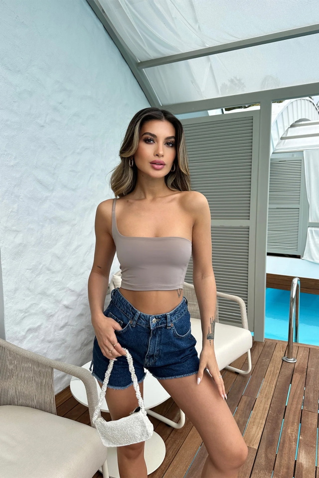 Stone Color Strap Detail Crop Top ATE6967 