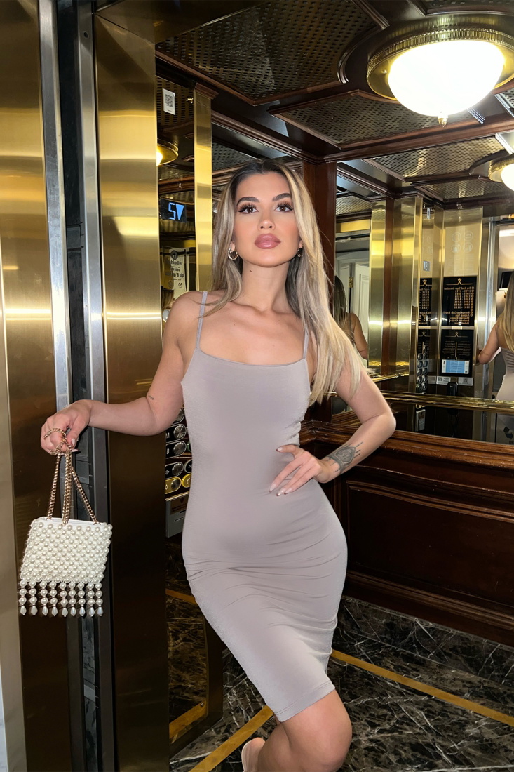 Stone Color Strapped Basic Mini Dress ATE5315 - EYYO