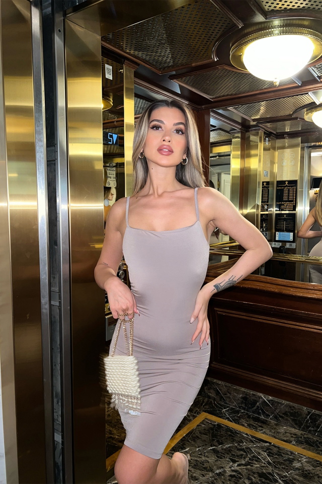 Stone Color Strapped Basic Mini Dress ATE5315 - 3