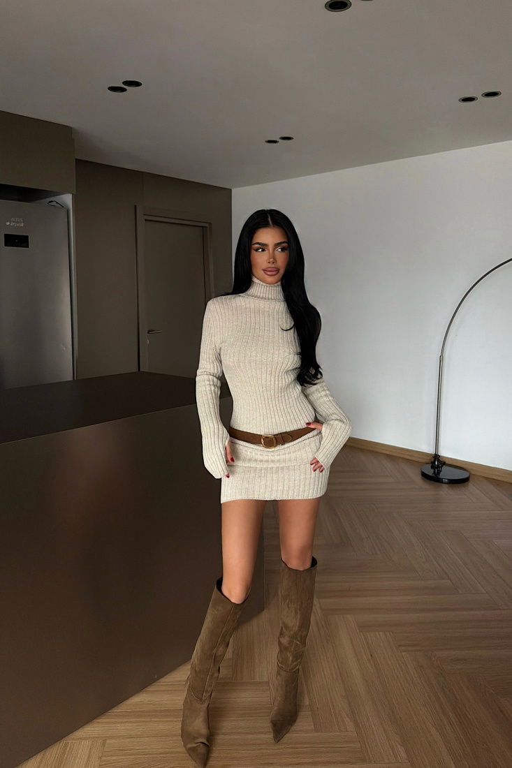 Taş Rengi Zurih Triko Elbise ATE-4425 - EYYO