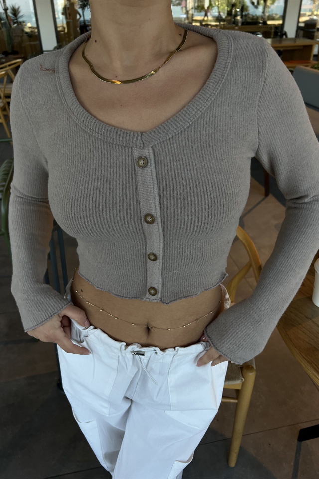 Taş Düğme Detay Crop Top ATE2858 - 2