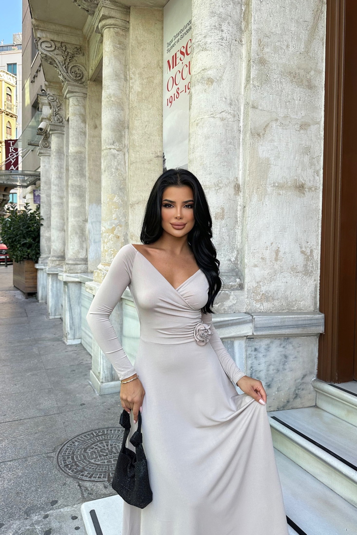 Taş Gül Detay Uzun Kol Uzun Elbise ATE8238 - EYYO