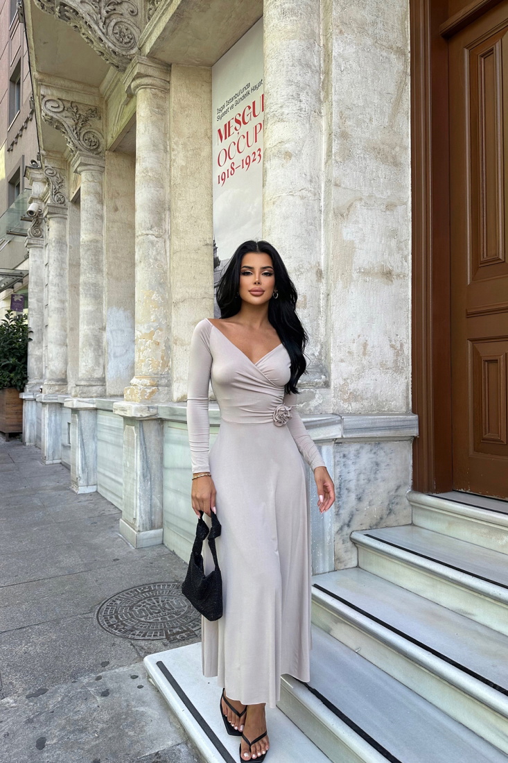 Taş Gül Detay Uzun Kol Uzun Elbise ATE8238 - EYYO