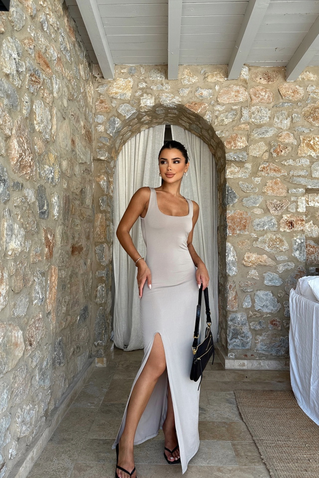 Taş Kare Yaka Yırtmaçlı Elbise ATE8187 