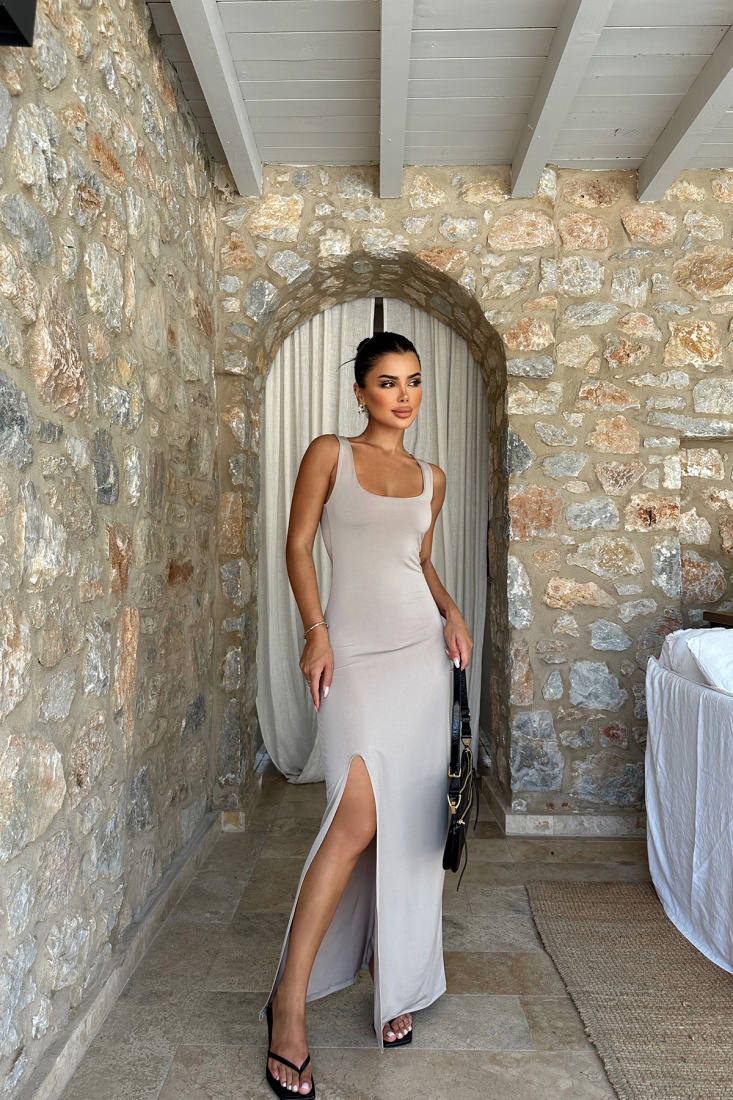 Taş Kare Yaka Yırtmaçlı Elbise ATE8187 - EYYO