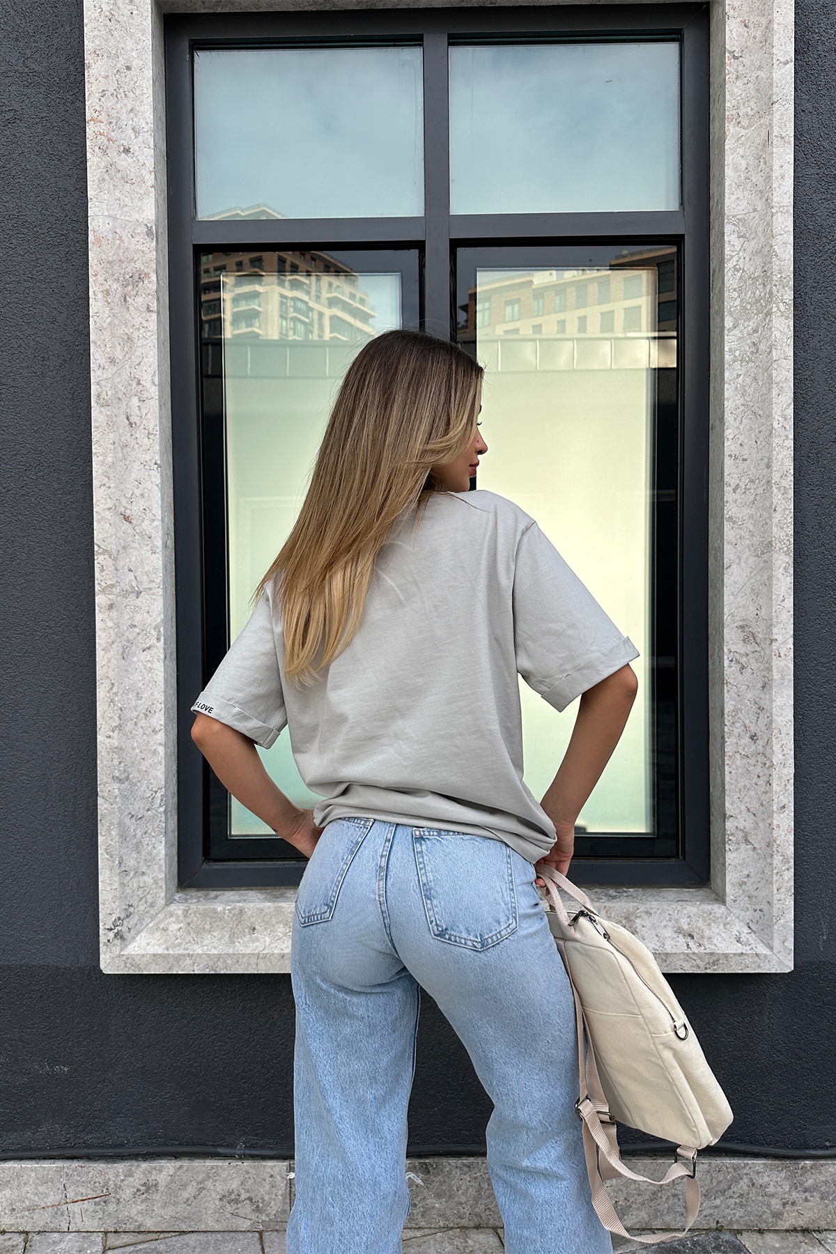 Taş Kolu Yazılı Basic Tişört ATE6101 - 3