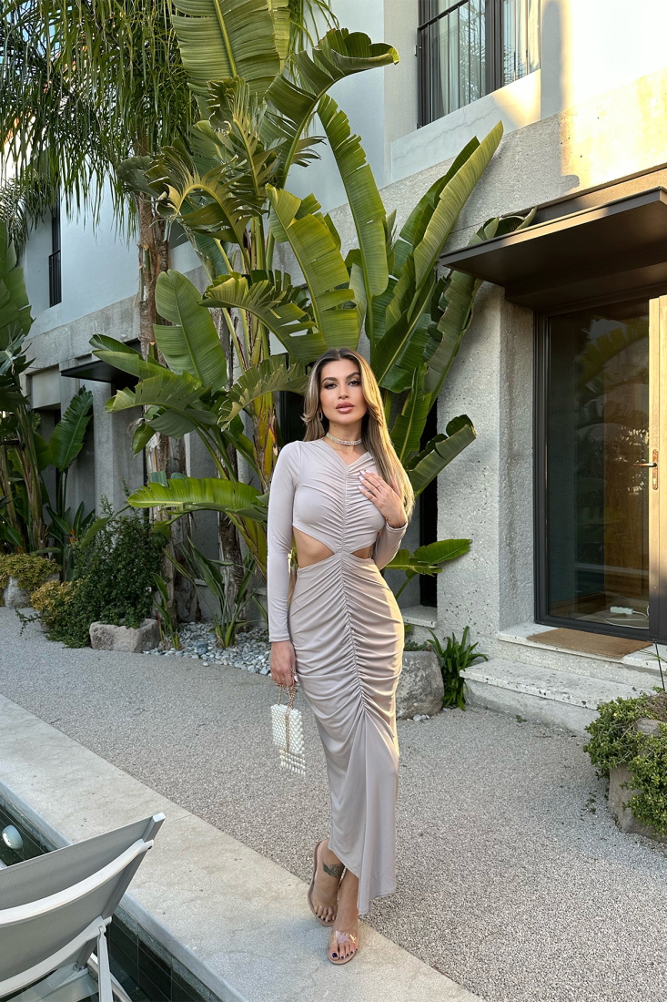 Taş Pencere Detay Önü Büzgülü Elbise ATE4848 - EYYO