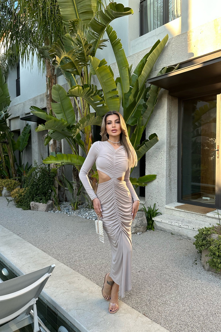 Taş Pencere Detay Önü Büzgülü Elbise ATE4848 - EYYO