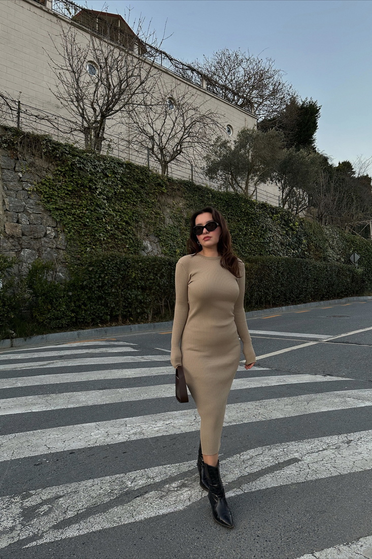 Taş Sırt Detay Bağlamalı Uzun Elbise ATE3993 - EYYO