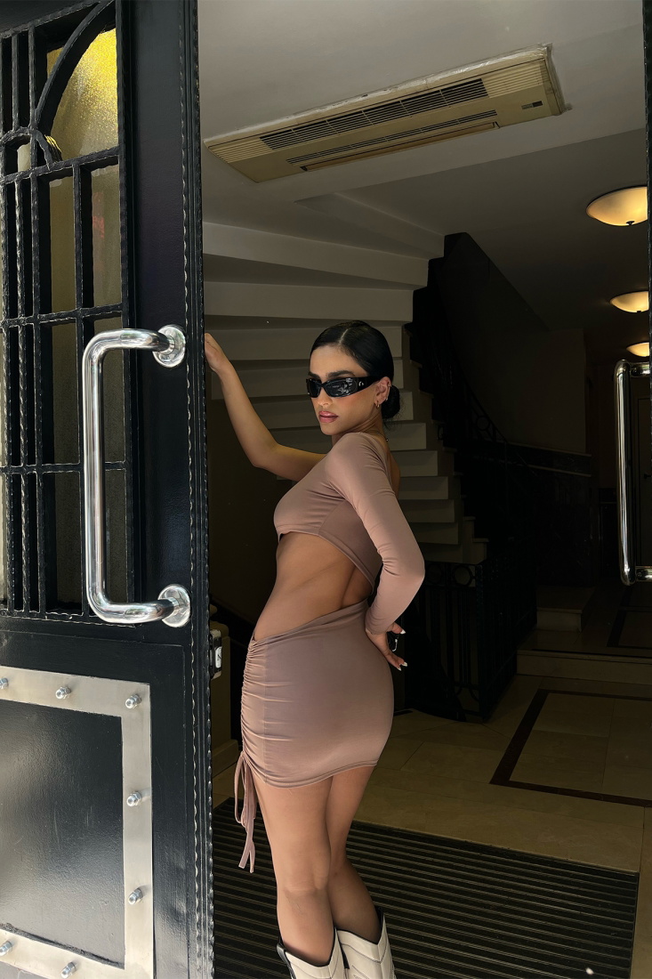 Taş Tek Kol Büzgülü Mini Elbise ATE6977 - EYYO