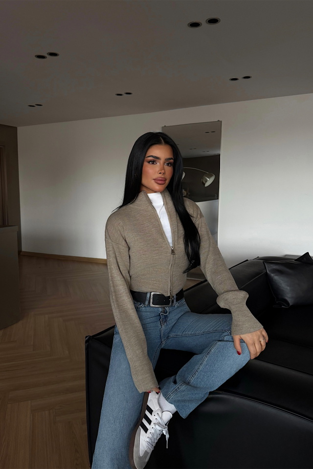 Taş Rengi Balboa Çift Fermuarlı Triko Hırka ATE-4449 - 1