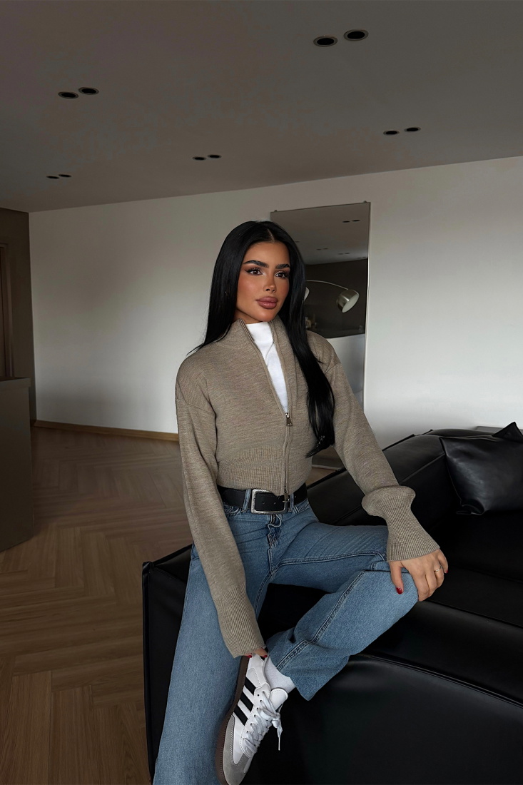 Taş Rengi Balboa Çift Fermuarlı Triko Hırka ATE-4449 - EYYO