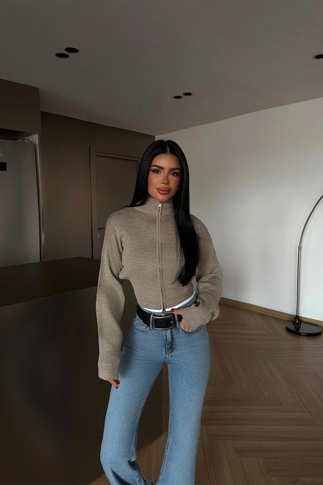 Taş Rengi Balboa Çift Fermuarlı Triko Hırka ATE-4449 - 3