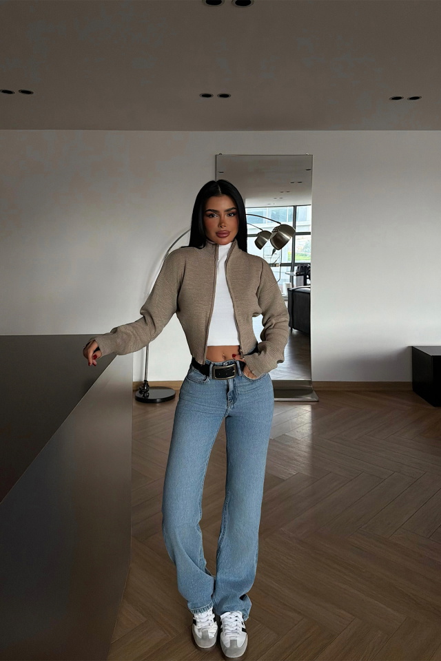 Taş Rengi Balboa Çift Fermuarlı Triko Hırka ATE-4449 - 2