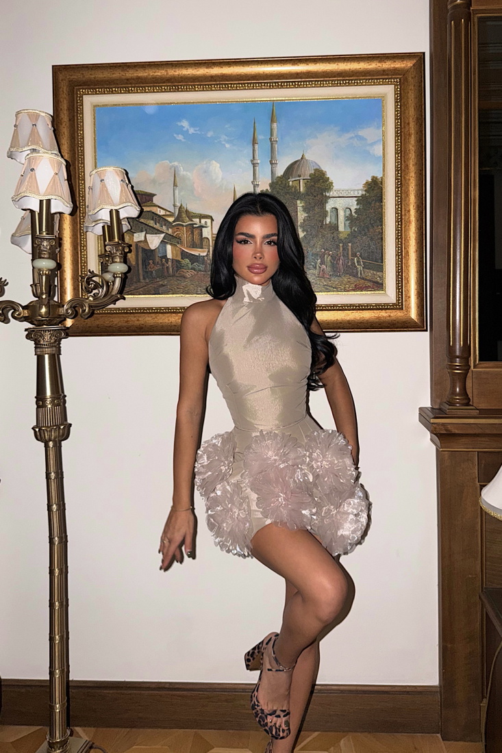 Taş Freyya Etek Ucu Gül Detaylı Mini Elbise ATE-3640 - EYYO