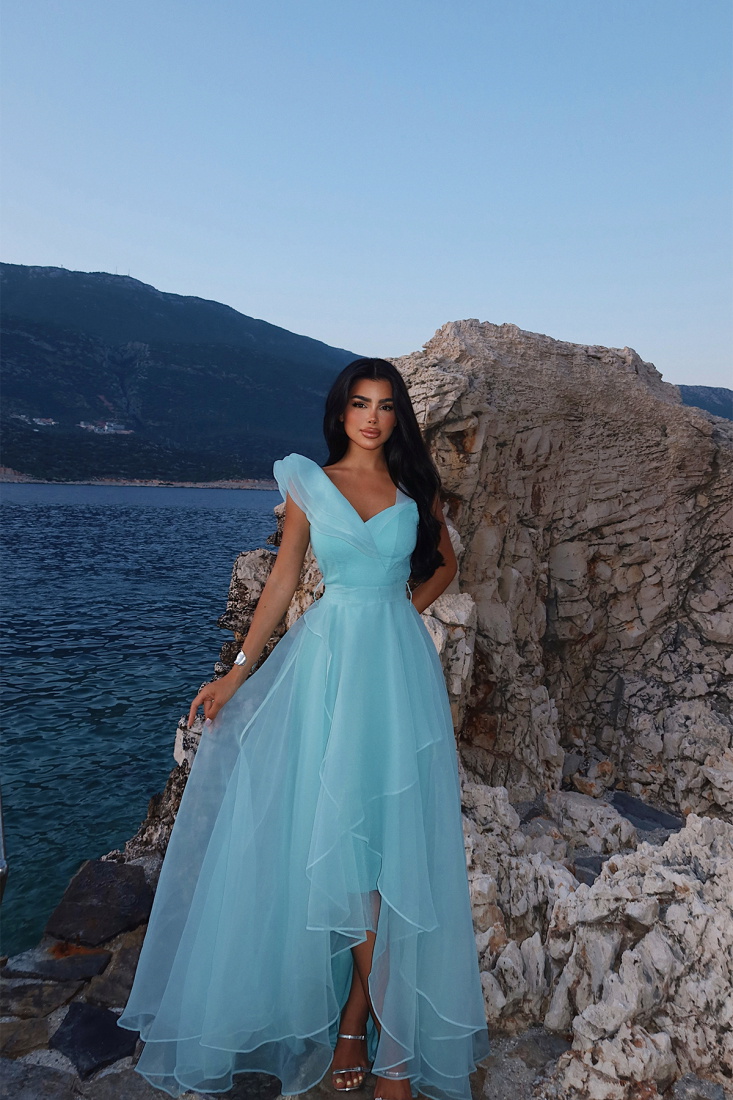 Turkuaz Tül Detay Uzun Abiye ATE-2980 - EYYO