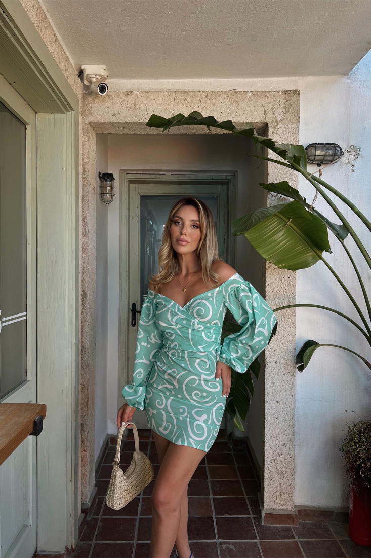 Turquoise Baloon Sleeve Mini Dress ATE1832 - İHRACAT