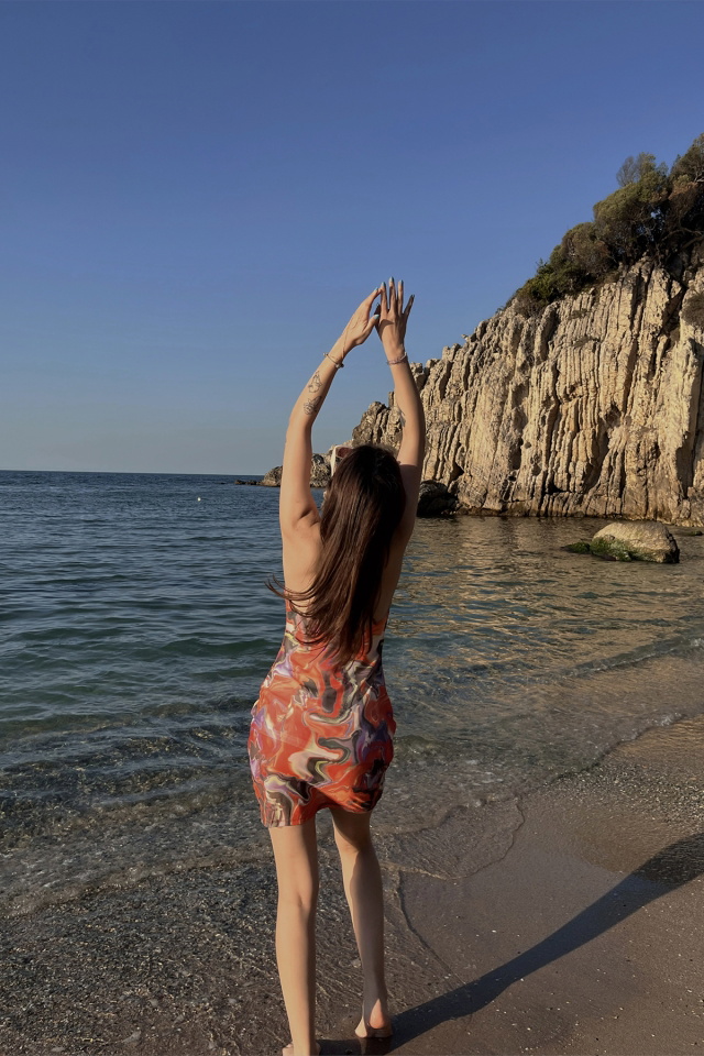 Turuncu Akışkan Desen Mini Elbise ATE4982 - 4