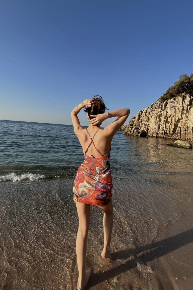 Turuncu Akışkan Desen Mini Elbise ATE4982 - 3