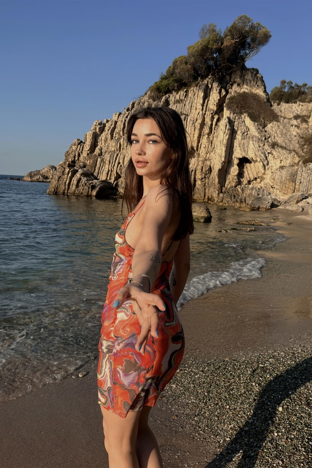 Turuncu Akışkan Desen Mini Elbise ATE4982 - 5